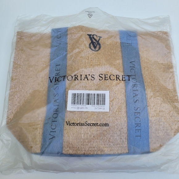 Victoria's Secret NWT tote Bag Wicker Tan blue logo. - Picture 3 of 11